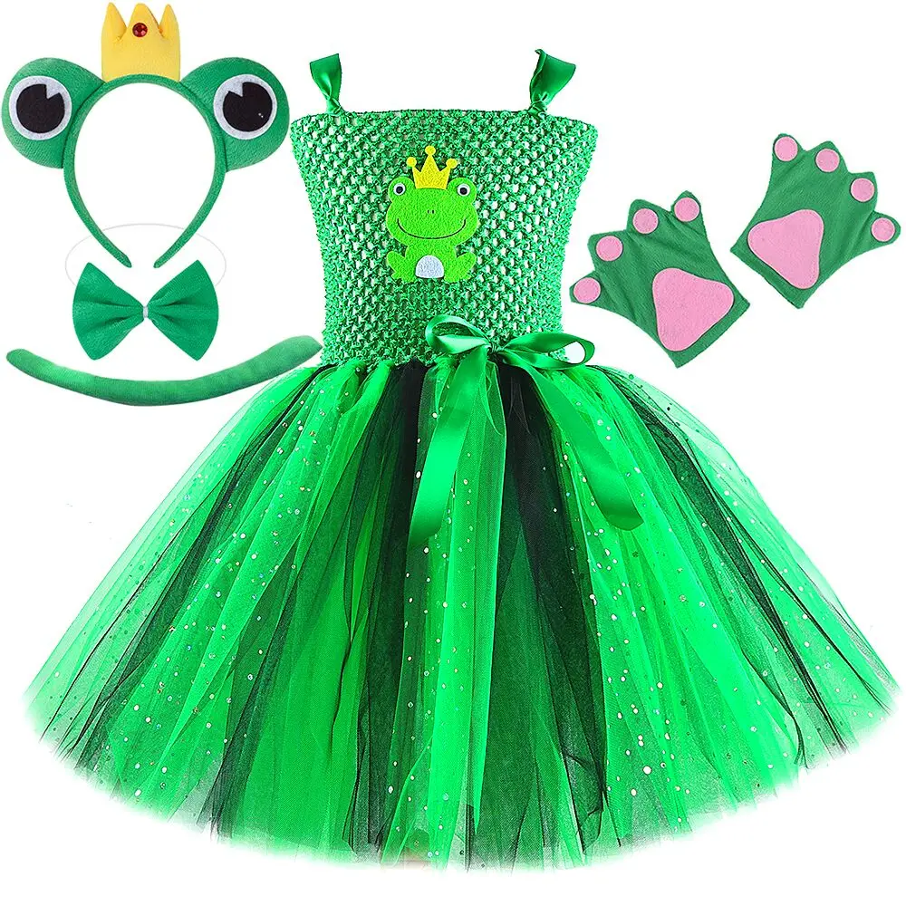 Baby Girls Sparkly Green Frog Princess Dresses for Kids Birthday Halloween Frog King Disguise Costumes with Ears Bowtie Tail Set