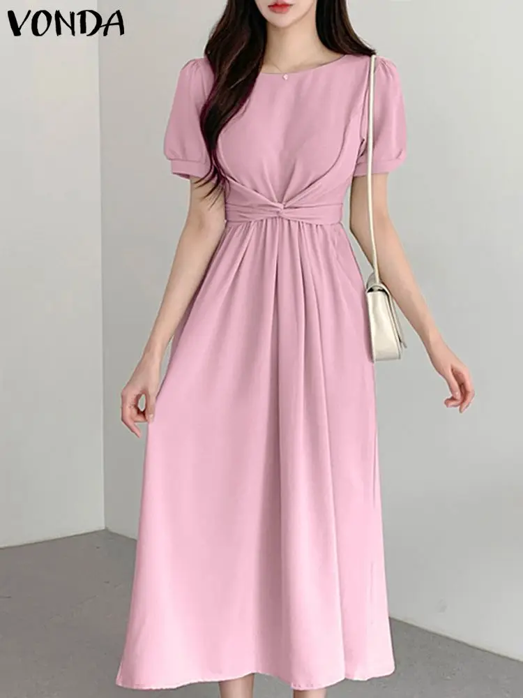 

Summer Elegant Solid Color Midi Dress 2023 VONDA Casual Loose Women Pleated Party Vestidos Short Sleeve Belted Beach Vestidos