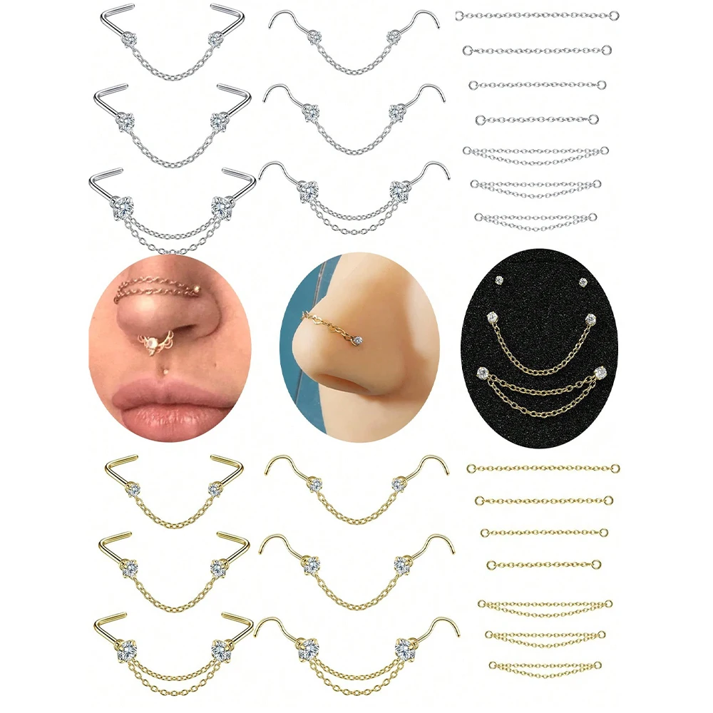 5pcs 18/20G Diamond CZ Nose Rings 1.5mm 2.5mm 3mm CZ Nose Studs With Chain Stainless Steel Nose Piercing Jewelry Nose Ring Studs