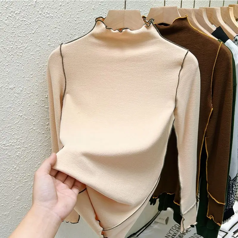 2023 New Autumn Korean Fashion Vintage Office Lady Casual Aesthetic Elegant Grace T-shirt Solid Color Turtlenecks Top Women