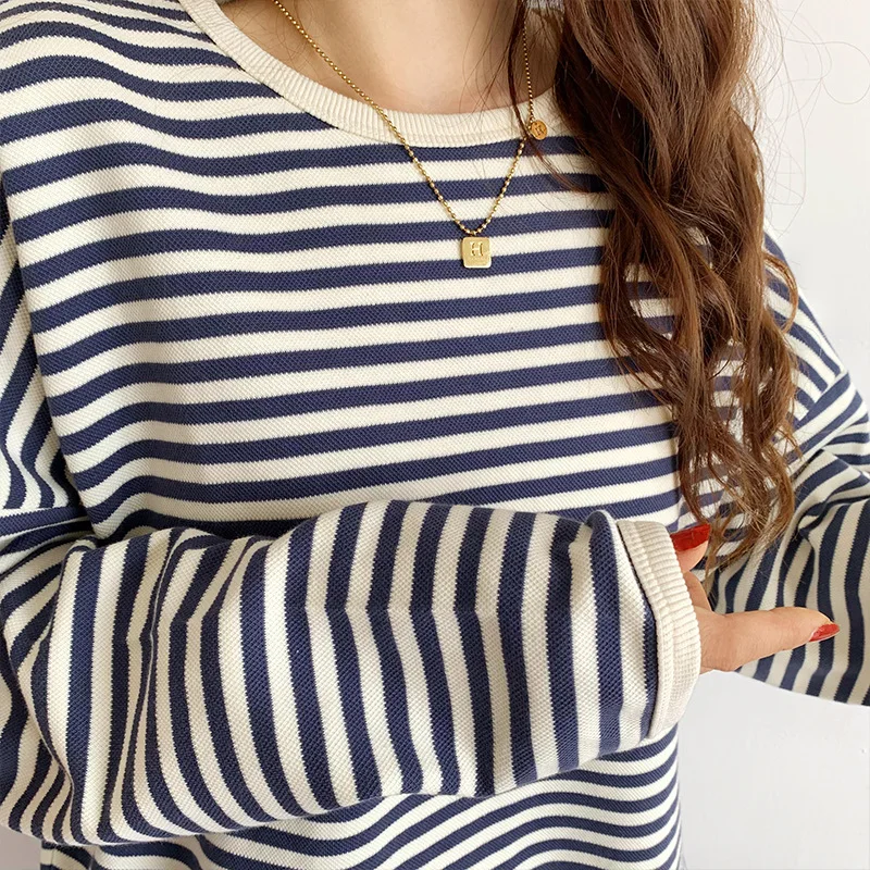 Spring Autumn Women's Clothing New Fashion Pullover Thin Casual New Striped Round Neck Sweater Loose Long Sleeve Large Tops