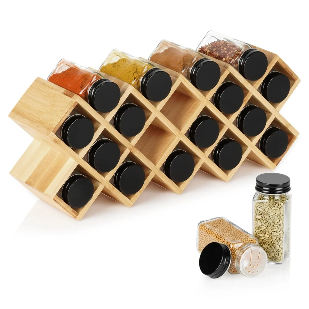 Bamboe kruidenrek met glazen bakjes, 18 stuks. 42X10X17Cm Kruidenrek Keukenorganizer Zout Peper Kruidenpotjes Set Praktisch Keukenbladrek