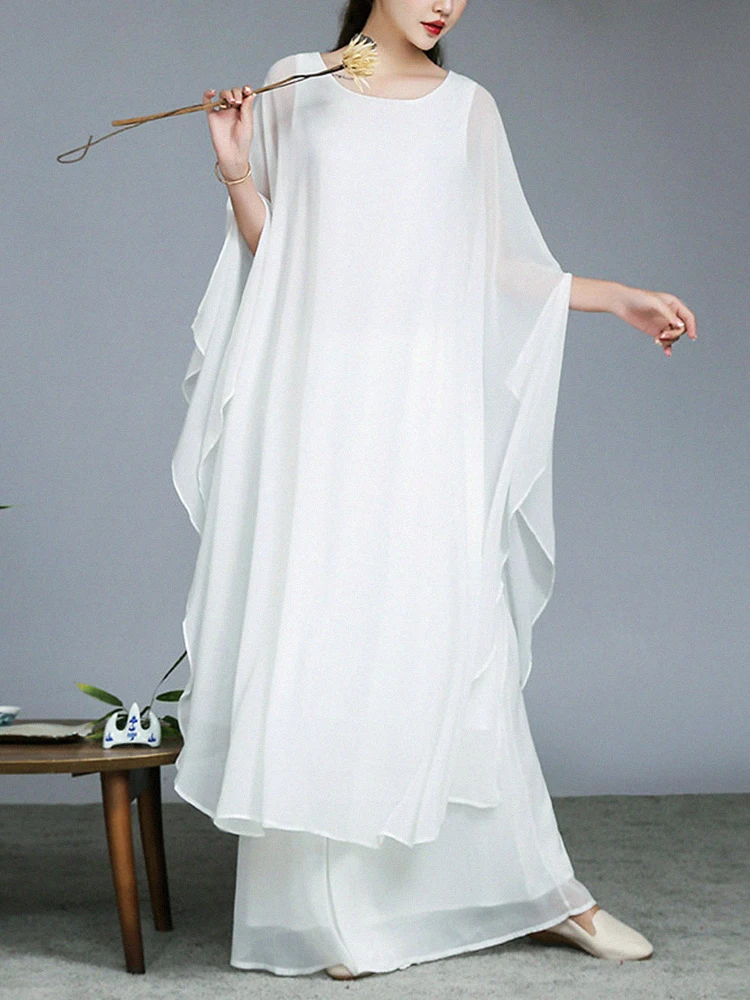 Nuevo Conjunto de Ropa para Ceremonia del Té Zen Chino, Pantalones Anchos Etéreos Blancos para Mujer, Falda Maxi, Conjunto de...