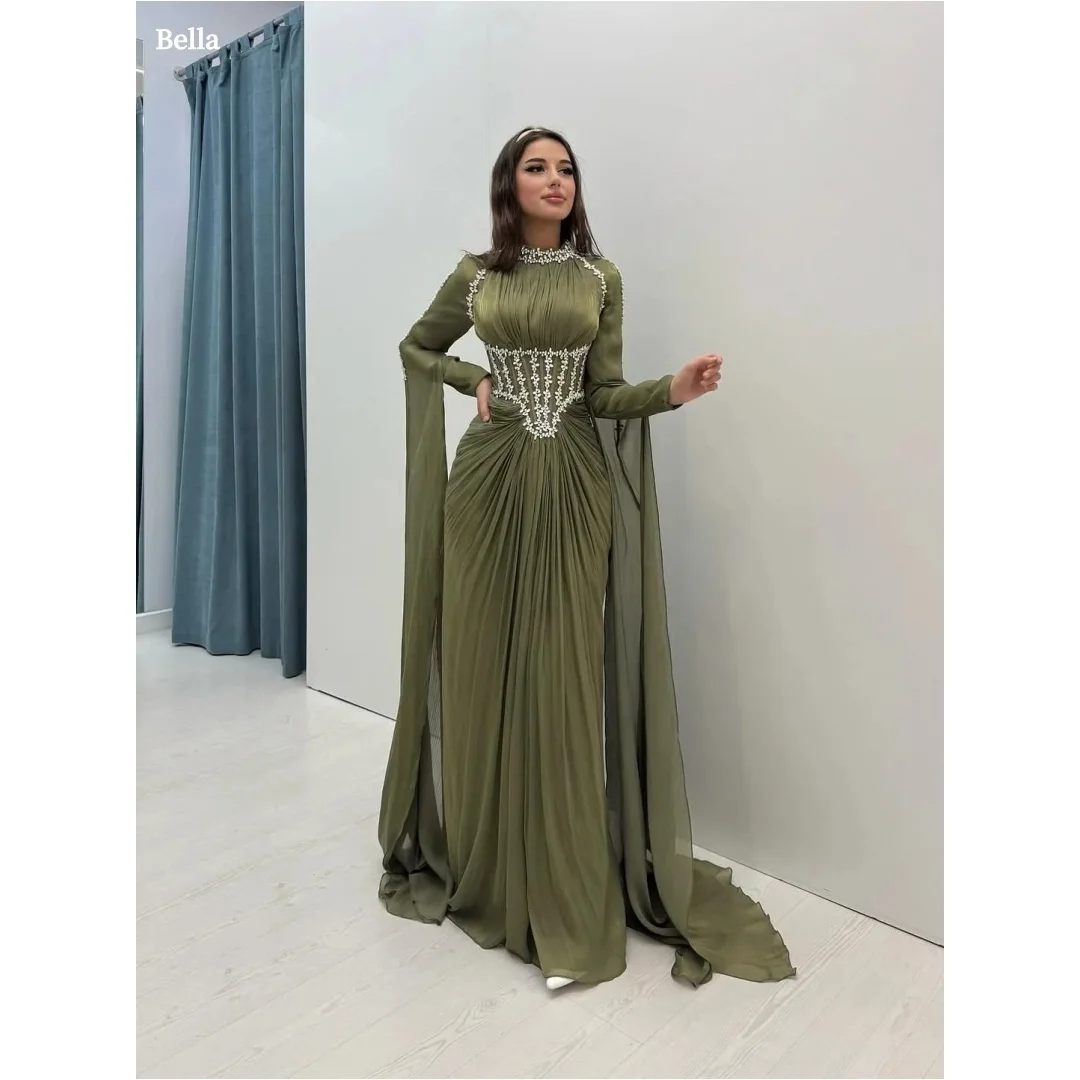 

Элегантное вечернее платье Bella с высоким воротом, оливково-зеленое, с бисерным корсетом, длинными рукавами, шифоновой накидкой и шлейфом