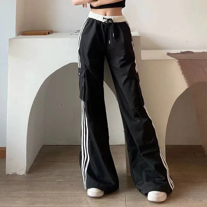 

Black Stripe Women Cargo Pants Y2K American Streetwear Patchwork Casual Sweatpants Bf Fashion Hip Hop All Match Wide Legs Pants