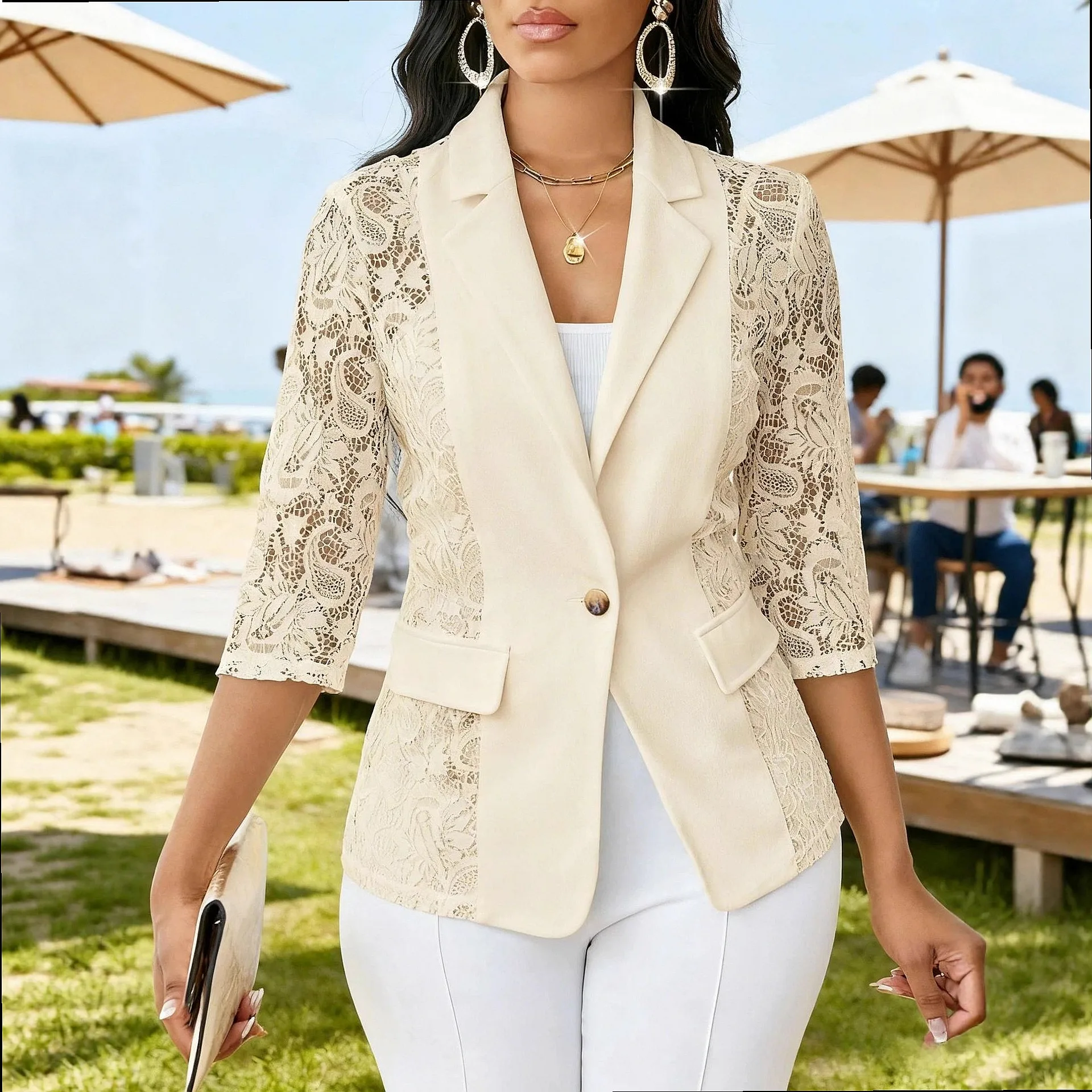 Lace Hollow Out Three Quarter Sleeve Blazer Coat Women Spring Summer Casual Outerwear