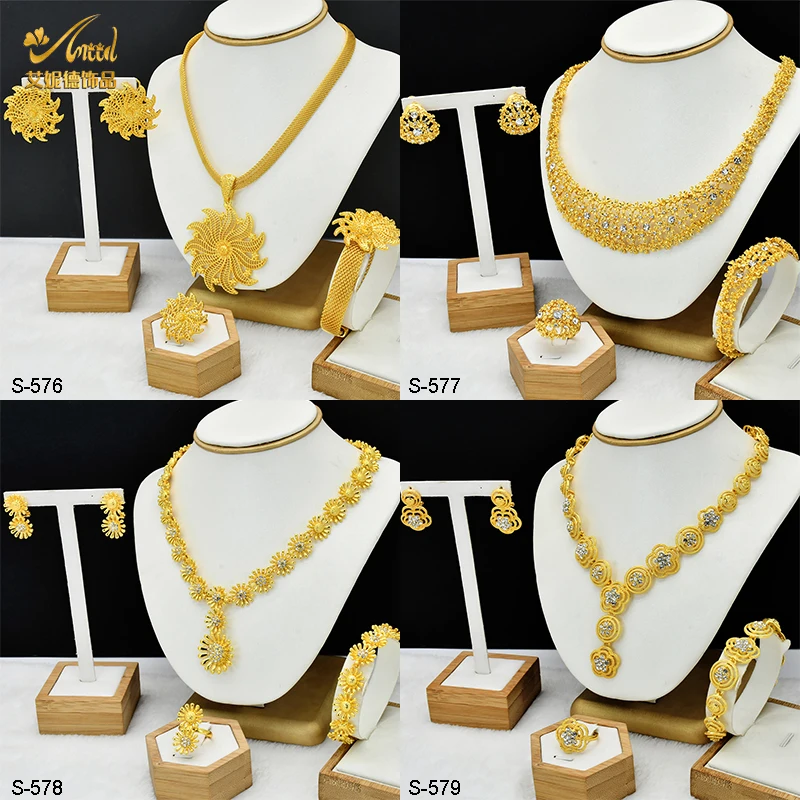 ANIID Dubai Arab Gold Color Jewelry Sets For Women African Party Wedding Gifts Ethiopia Necklace and Earrings Ring Sets