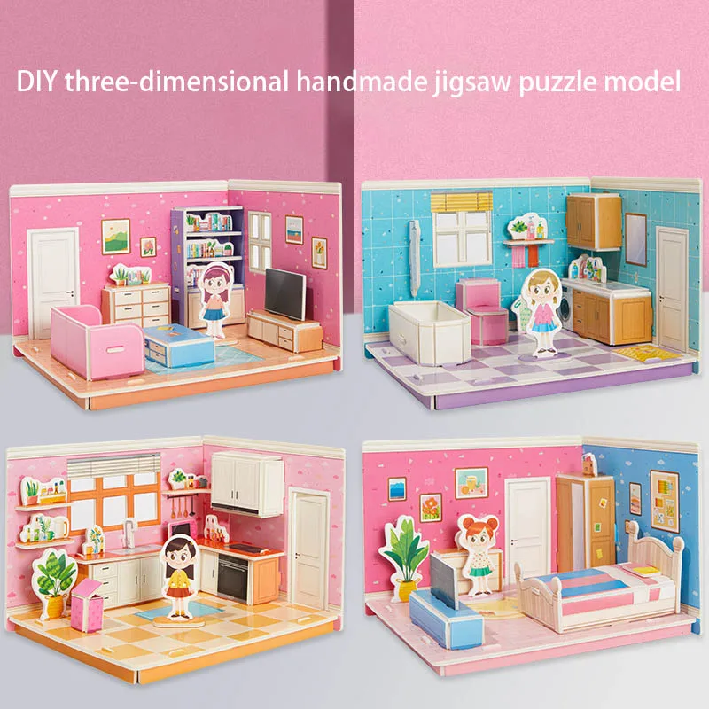 Creative Room Bathroom Kitchen 3D Three-dimensional Jigsaw Puzzle Model Kids Handmade Assembled Jigsaw Puzzle Toy Gift For Girls