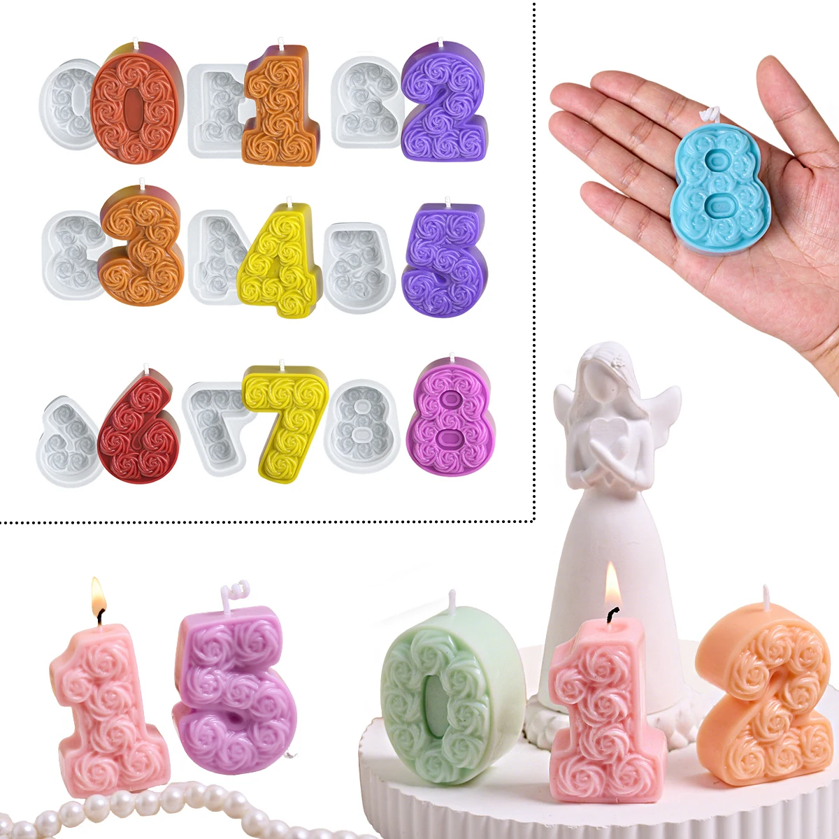 Geburtstag Ornament Silikon Kerze Form DIY Handgemachte Kreative 3D 0-8 Rose Anzahl Duft Kerzen Formen Schokolade Kuchen Dekor werkzeuge