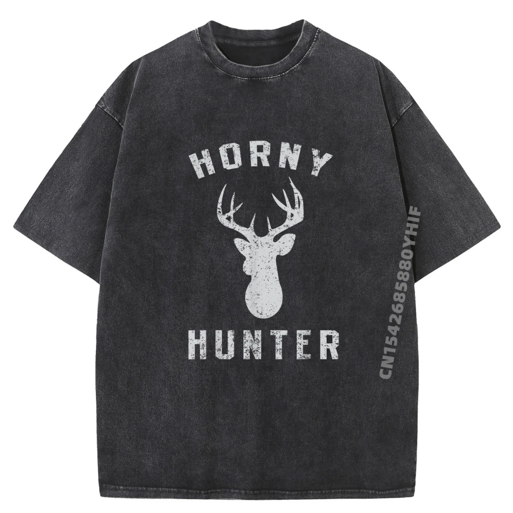 

Funny Hunting Deer Tailed Horny Hunter Plain Shirt Classic Washed Clothes Graphic T Shirts For Men Vintage Style