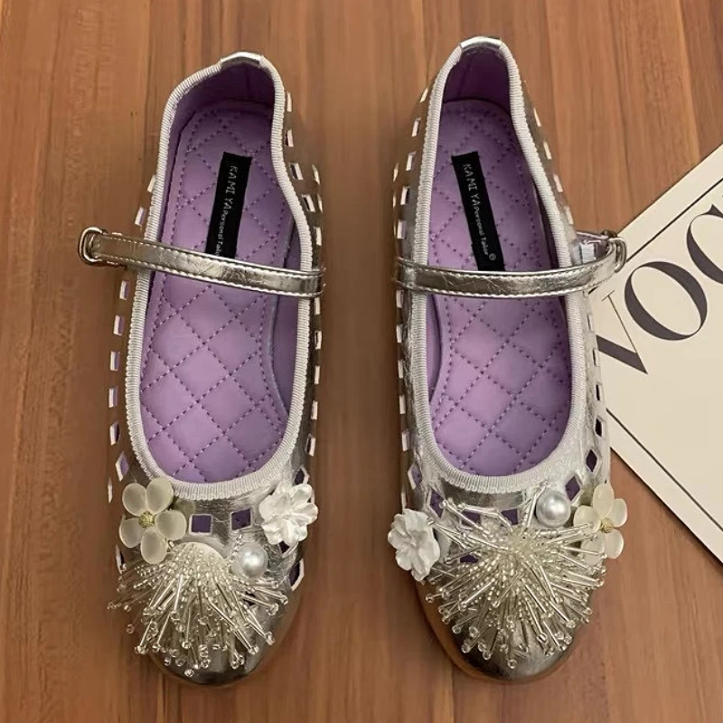 

String Beads Flower Designer Mary Jane Shoes Women Round Toe Hollow Shallow Comfort Dress Shoes Ladies Brand Ballet Flats Women
