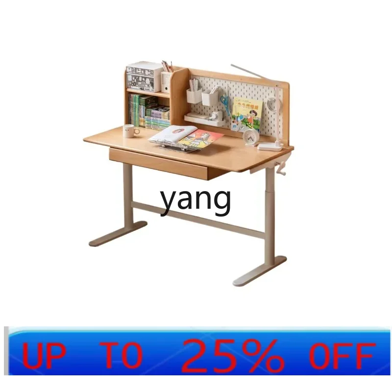 LTT solid wood study table hand crank can be lifted and lowered, primary and secondary school students desk with bookshelf