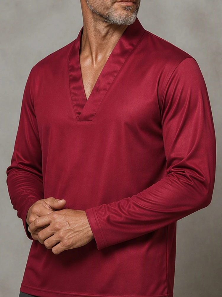 Men's Wine Red Deep V Neck Long Sleeve T Shirt Solid Color Loose Fit Autumn Winter Casual Tops for Daily Party Formal Occasions