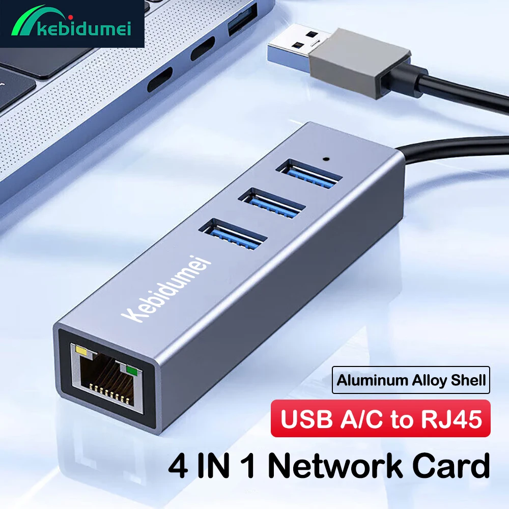Kebidumei 1000Mbps Wired Network Card 4 IN 1 USB3.0 HUB Adapter USB3.0 Type-C to RJ45 Giagbit Ethernet Converter For MacBook PC