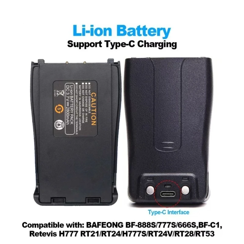 Rechargeable Li-ion 3.7V 2800mAh Battery Type-C Port for BAOFENG BF-888S 666S 999S 777S C1 Walkie Talkie Replacement Battery