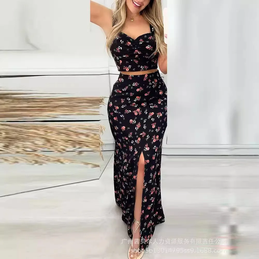 Skirt Set Women Two Piece Sets Print Floral Sleeveless Slim Fit Sexy Sling Tops Elegant Splice A Line Hip Wrap Long Skirts