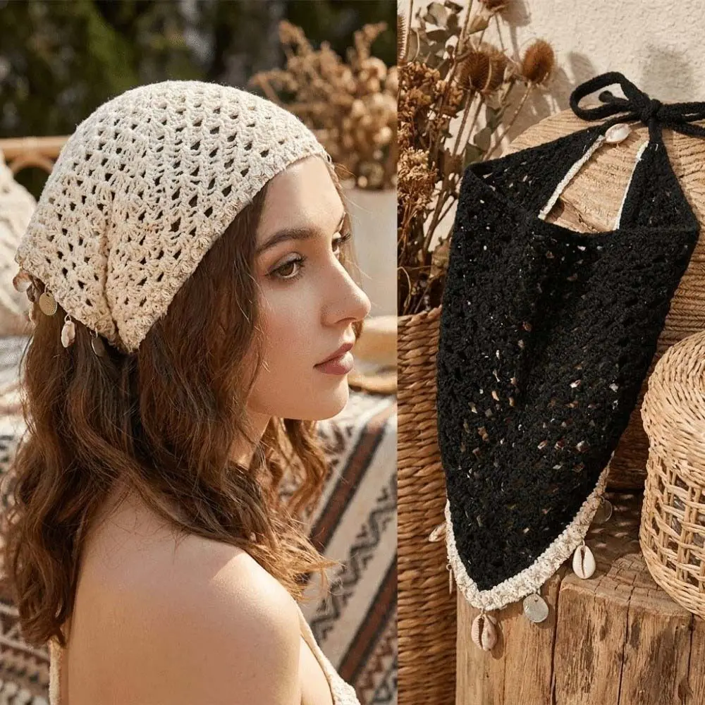 Seashell Tassel Triangle Scarf Headband Ethnic Light Luxury Crochet Head Wrap Elegant Forest Style Hollow Out Headscarf Travel