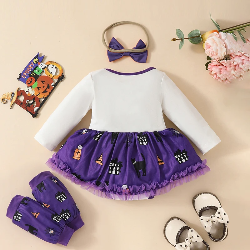 Roupas de Halloween para bebês, carta estampa abóbora, macacão de manga comprida, vestido e bandana fofa, conjunto aquecedor para as pernas