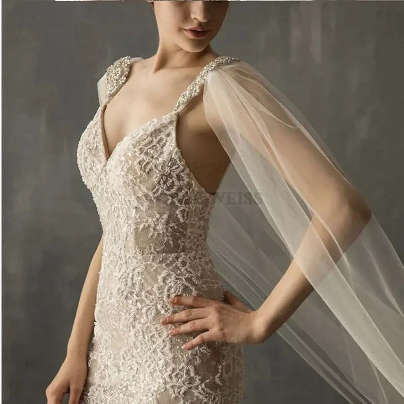 إزالة قطار طويل سحب تول فستان الزفاف كيب طويل سترة الزفاف بوليرو كريستال مطرز الكتف كيب الزفاف التفاف مخصص #3