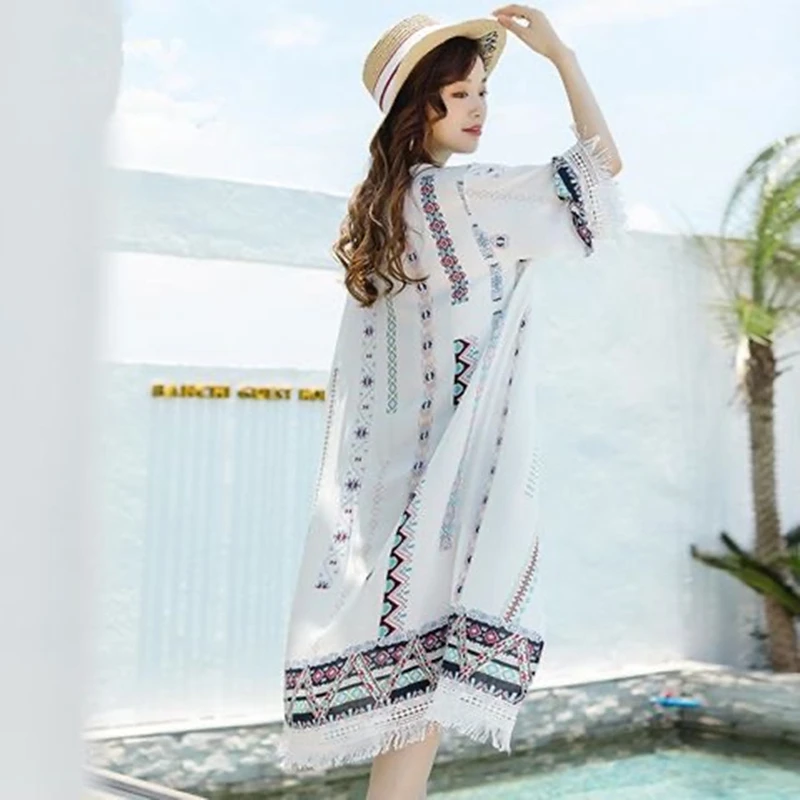 Chiffon Cardigan for Women, Sun Protection, Tassel Shawl, Holiday Bikini Blouse, Breathable Beach Cape, Sexy Light Long Cloak, L