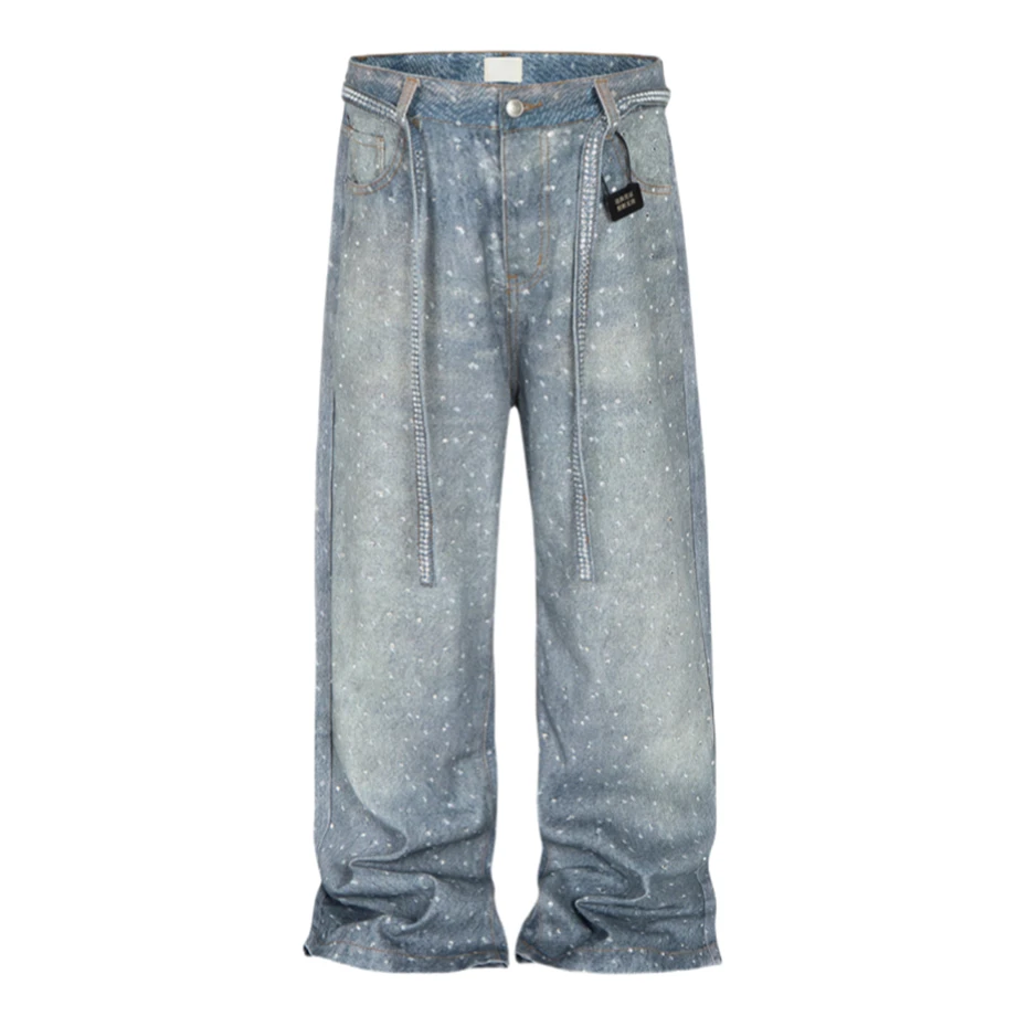 

Full Diamond Jeans with Belt Mens Streetwear Punk Y2k Denim Trousers Men Vintage Baggy Casual Hip Hop Wide-leg Pant Unisex
