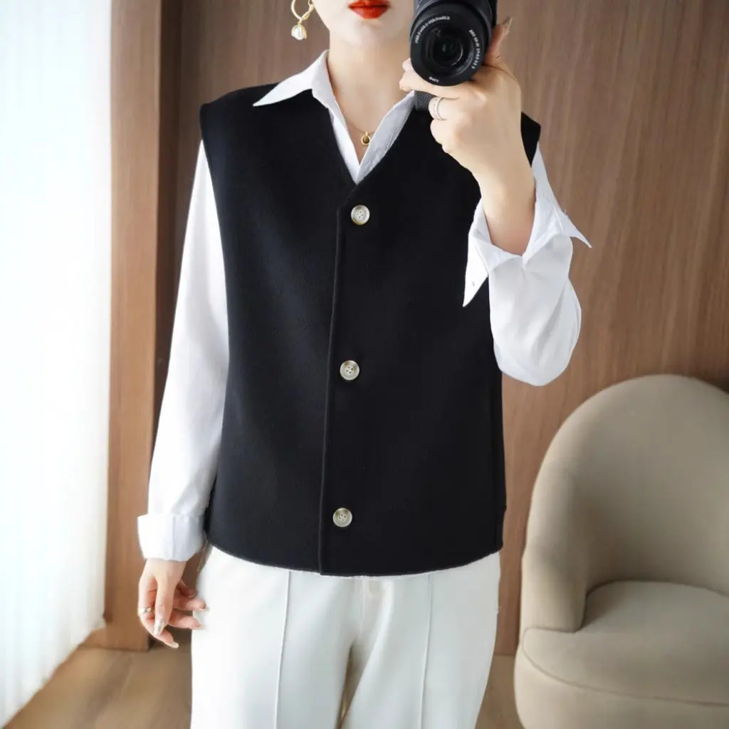 

Women's V-neck Tweed Vest Sleeveless Cardigan 100% Wool Double-Sided Waistcoat for Autumn Winter Fashion Outerwear