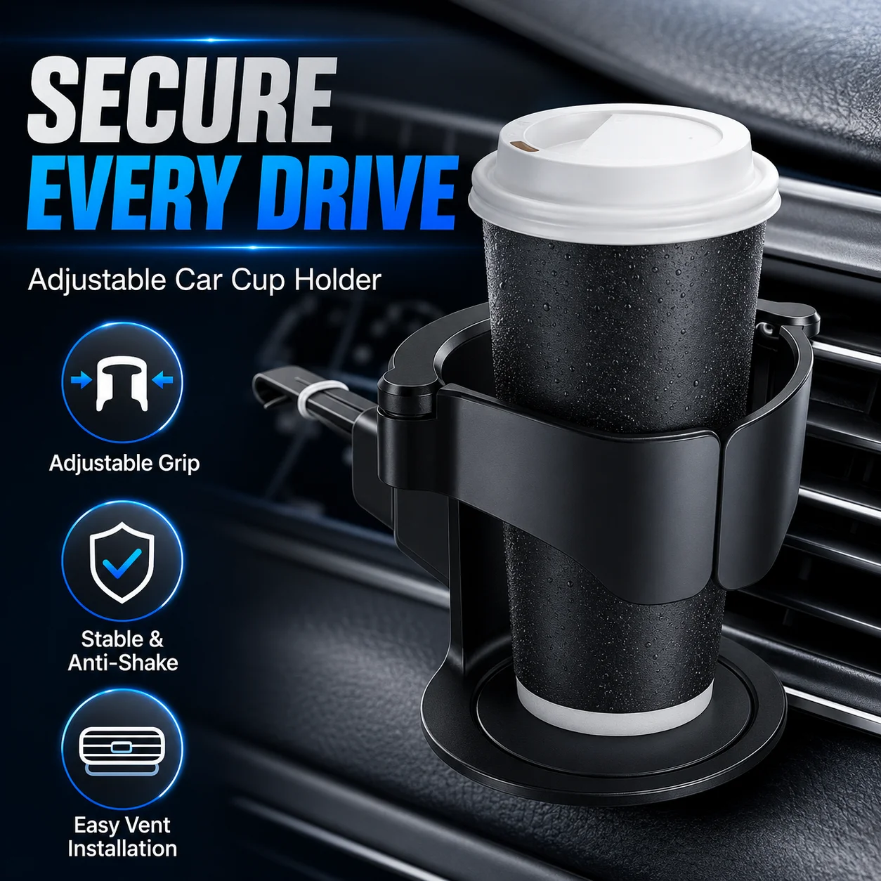 Adjustable Car Vent Cup Holder with Sponge Base Secure Grip for Bottles and Cans Easy Installation Design