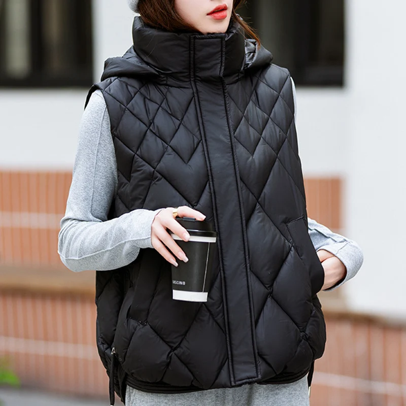 Tous les mathématiques col montant coton gilet femmes printemps automne Chic à capuche noir sans manches coton gilet femme fermeture éclair dessus chaud Mujer