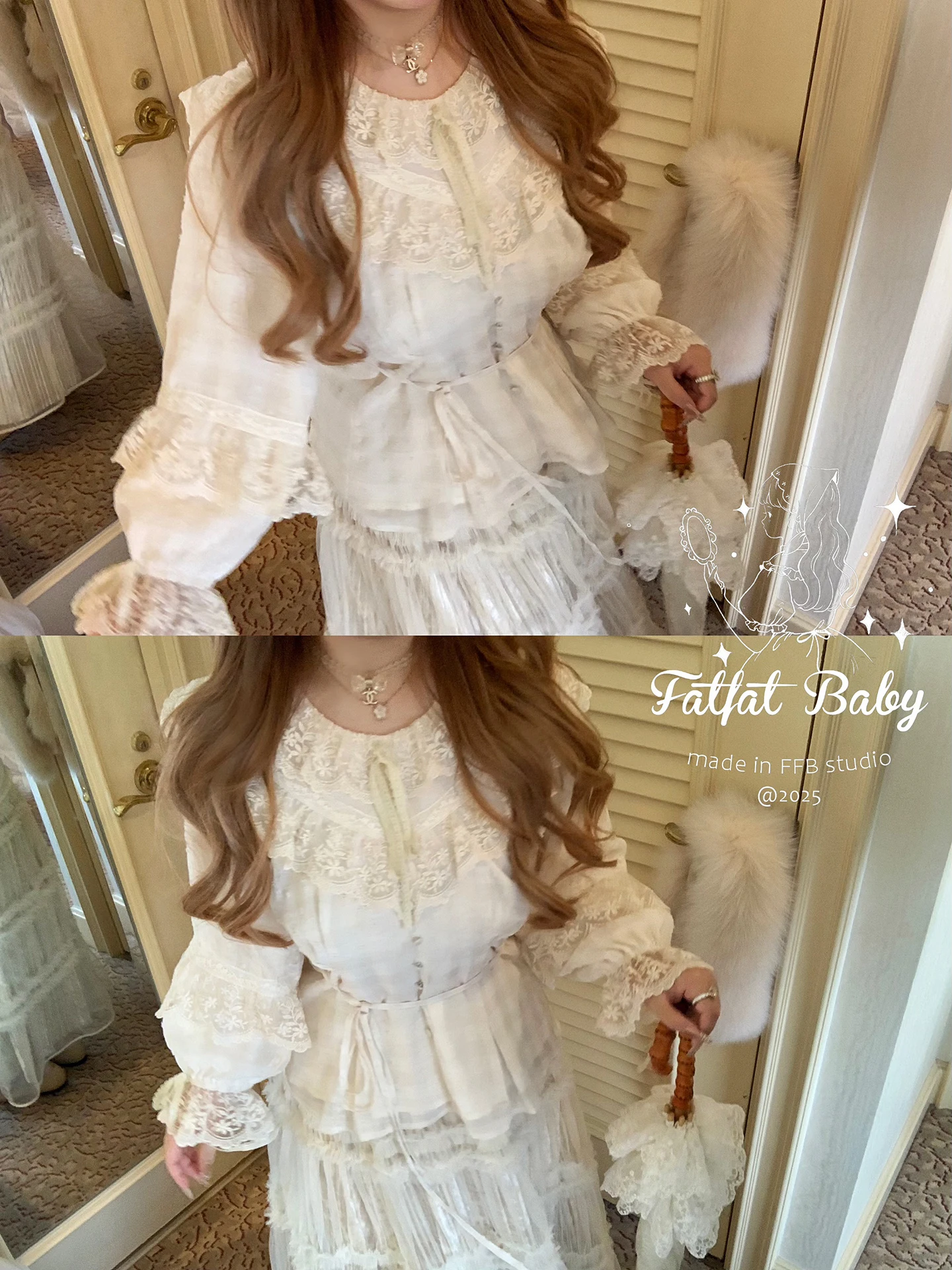 

Лимитированная серия: винтажный цветной набор FATFAABY, коллекционный комплект Princ Sle, свободный крой, длинный рукав, кружевные вставки, полиэфирное волокно