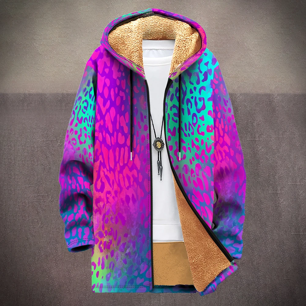 Mens Leopard Print Hooded Jacket Fleece-Lined Coats Floral Star Patterns Unisex Streetwear Fashion Faux Fur Gradient Outerwear