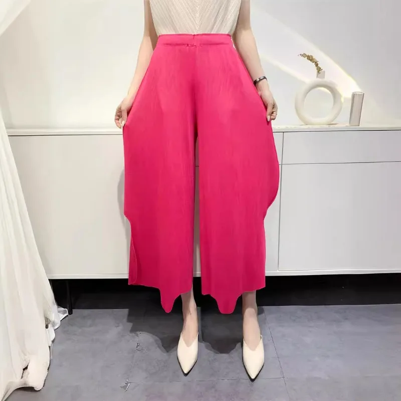 GGHK 2024 Summer New Pleated Pants Women Nine-minute Pants Loose Wide-leg Irregular Design High Waist Thin Female Pants