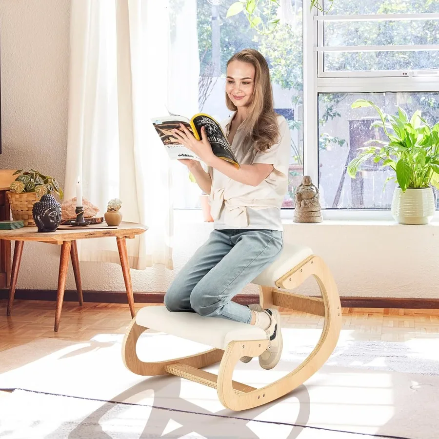 

Ergonomic Kneeling Desk Chair with Rocking Function and Cushion Support Solid Wood Frame for Natural Neck and Back Pain Relief