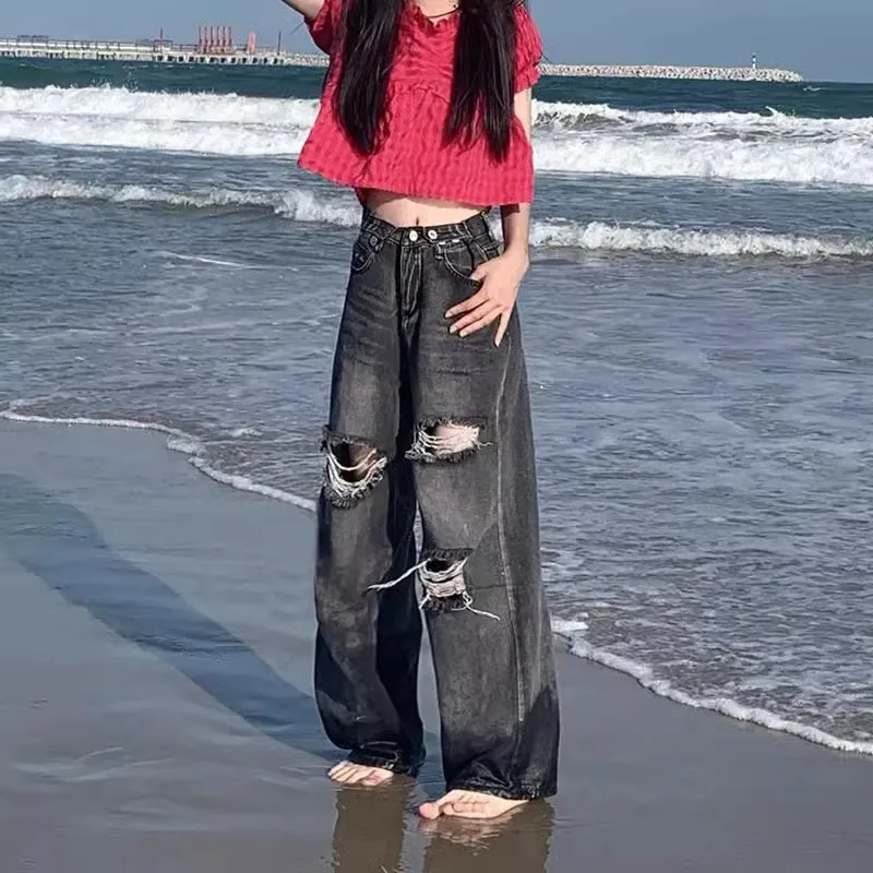 

Retro ripped jeans for women's spring and autumn 2024 new high waist slimming design, loose and wide leg dad straight leg pants