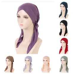 2024 Ramadan Muslim Women Hijab Caps Solid Color Ladies Headscarf Soft Hijab Turban Bonnet Two Tail Bandana Hat Chemo Cap