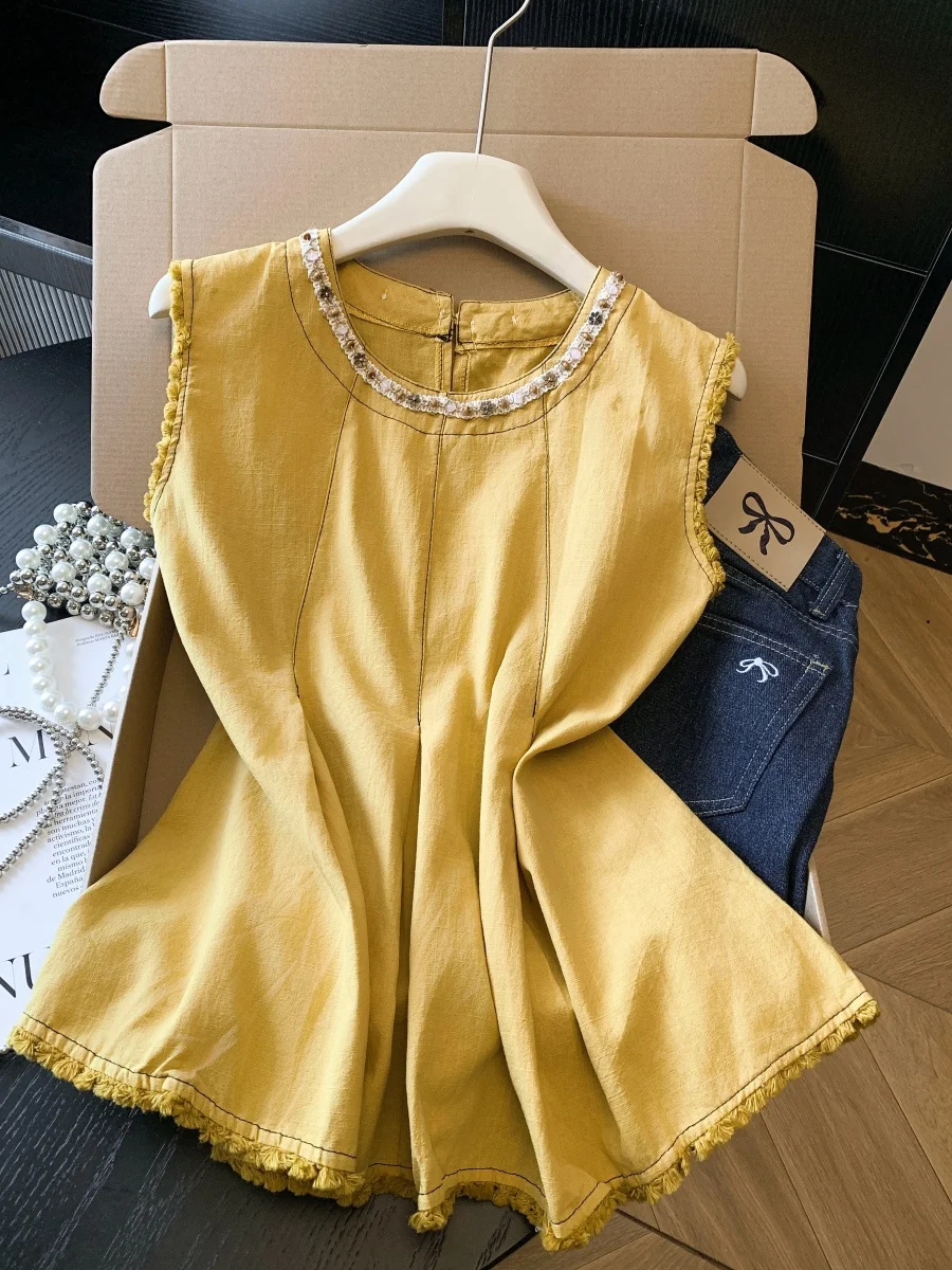 Bohemian Style Linen Beaded Sleeveless Shirt Women Summer Thin Waist Cinched Ageless Personality Shoulder Vest Top Korean Loo...