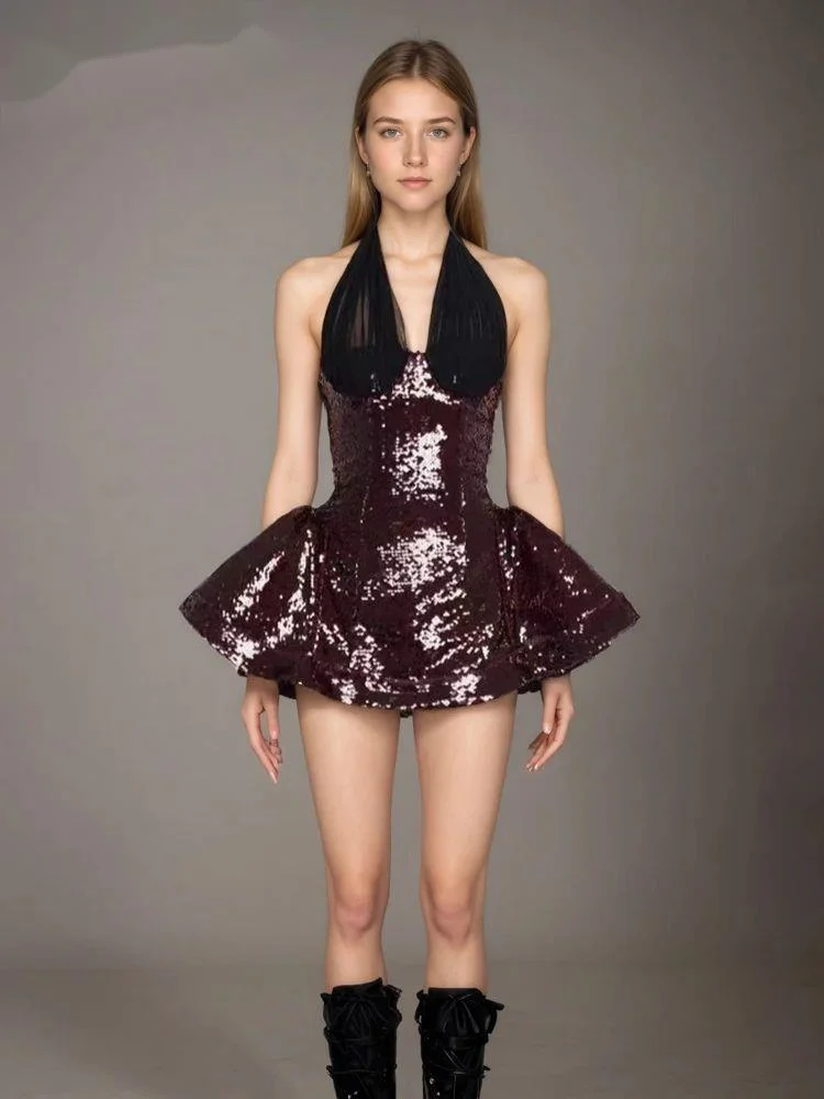 

Fashion Dark Red Sequnined Mesh Patchwotk Dress Women's Halter Slim High Wiats Mini Puffy Dresses New FOFQ
