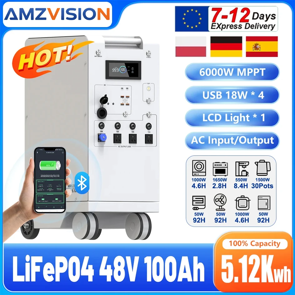 Estación de Energía Portátil de 5000W, LiFePO4 48V 100Ah 5Kwh, Inversor MPPT de 6000W con Luz, Entrada/Salida de CA… — oferta en AliExpress