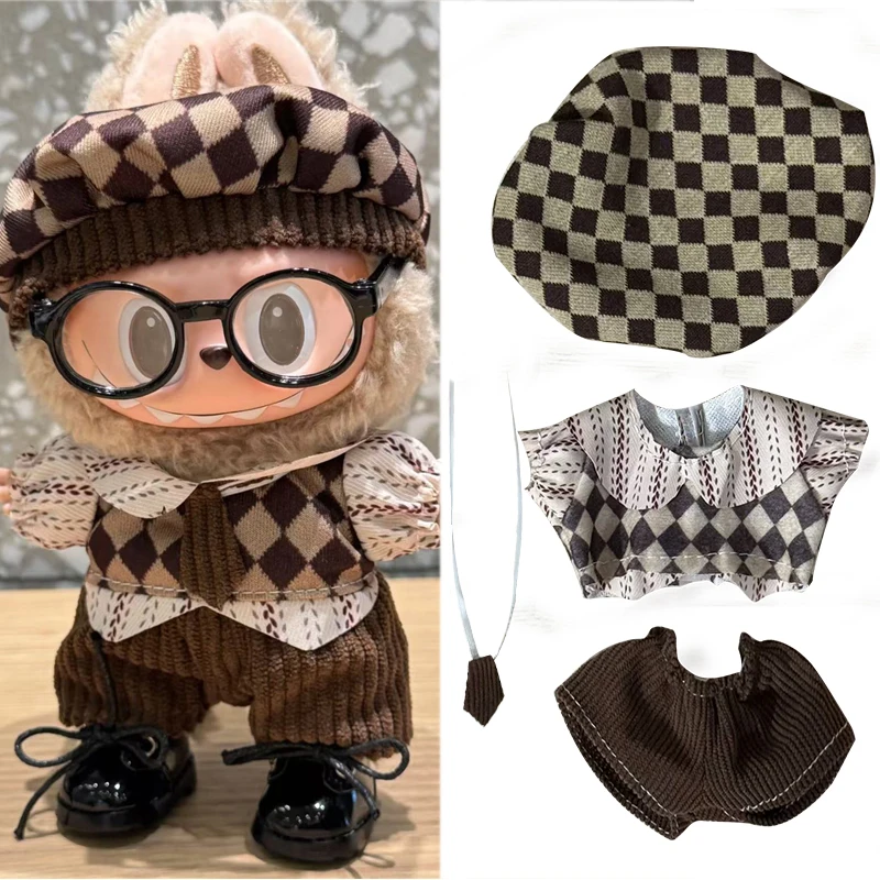 

For 15 17cm Labubu Doll Maillard Color Brown College Style Shirt Vest Outfit Clothing Autumn Clothes Hat Shoes Set Accessories