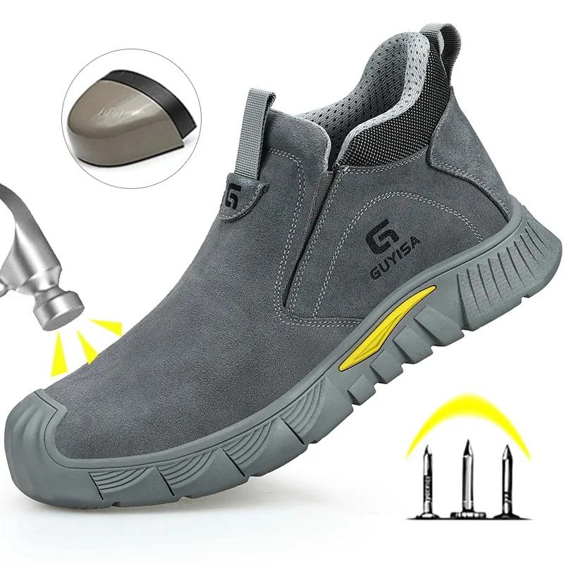 

Safety Work Shoes Men's Boots Anti-smash Anti-puncture Steel Head Slip-on Suede Leather Safety The Four Work Seasons Shoes Men