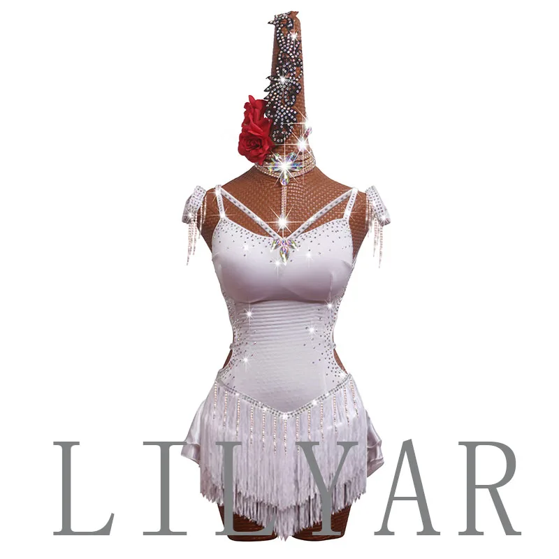 New Latin  Competition Performance  Adult Custom Children's Purple Tassel Backless Dance Skirt White Pleated Skirt