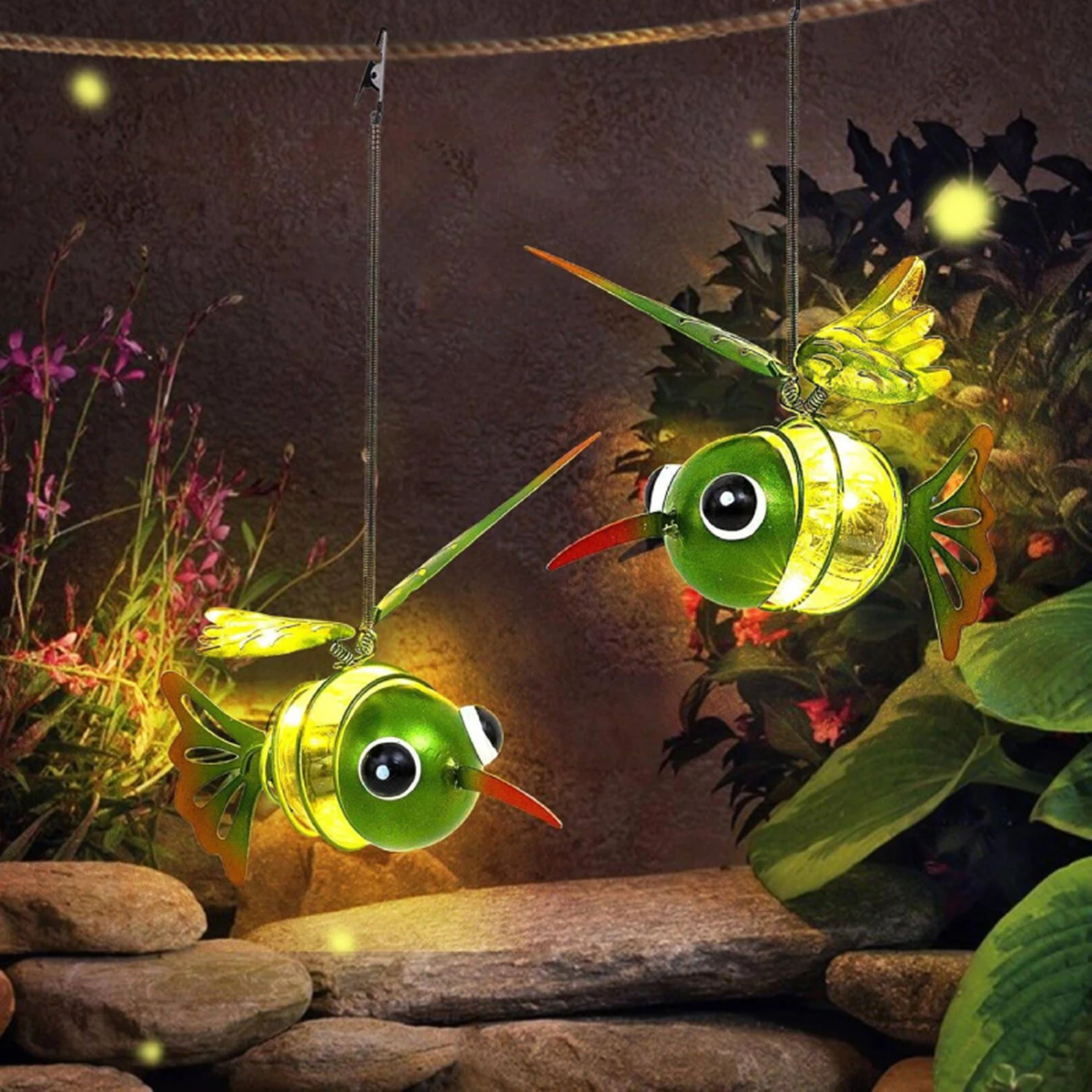 Solar Simulated Insect Ornaments with Hanging Rope/Hook Metal Lights Outdoor Soft Light Hanging Solar Lamp for Garden Home Decor