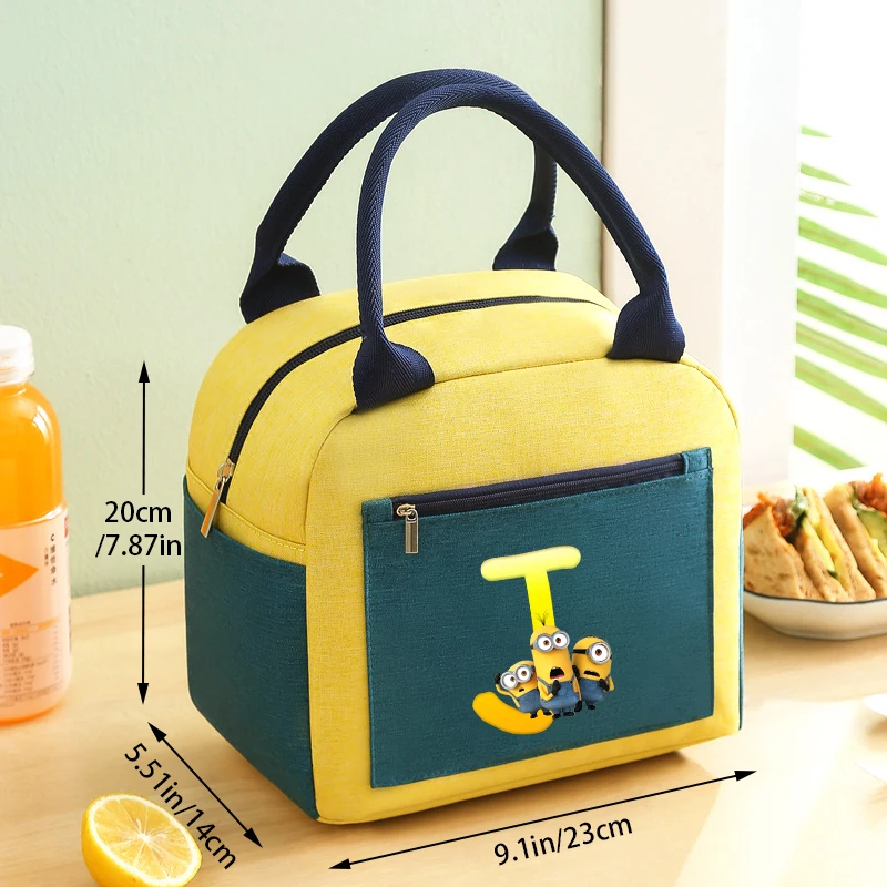 Cute Minionss Kids Hand Lunch Bag Letters A-Z Despicable Mes Movie Kawaii Student Lunch Box Adult Office Food Drink Thermal Case