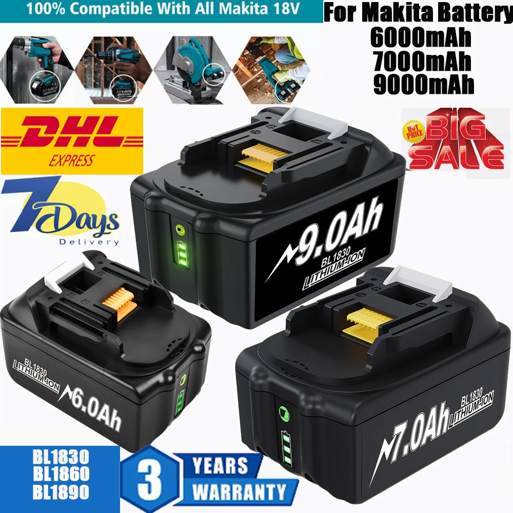 

For Makita 18V Lithium-ion Battery 6.0Ah/7.0Ah/9.0Ah Rechargeable Battery Compatible BL1830 BL1860 BL1890 Cordless Tool Battery