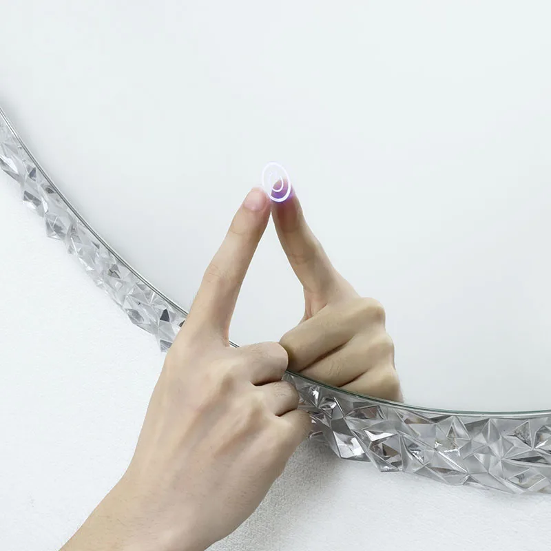 Round Smart Bathroom Mirror Touch Screen Wall Mount Irregular Diamond Crystal Led Make up Mirror
