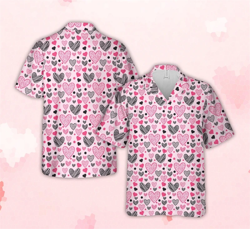 Pink Theme Heart Pattern Hawaiian Shirt Unisex Couple Style Loose Button Down Shirts Summer Streetwear 3D Print Personality Top