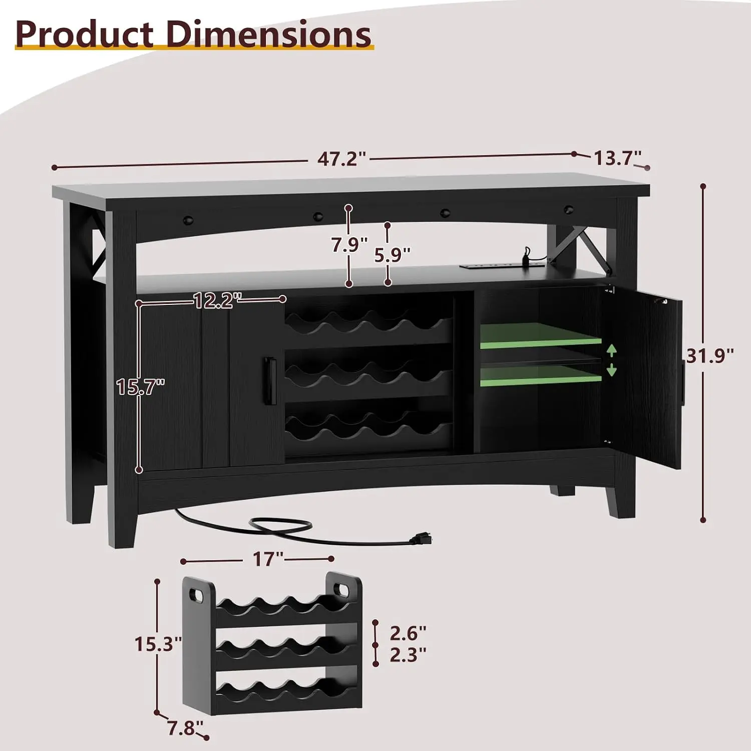Farmhouse Coffee Bar Cabinet, Liquor & Wine Bar with LED Lights & Outlets, Storage & Movable Rack, 47.2
