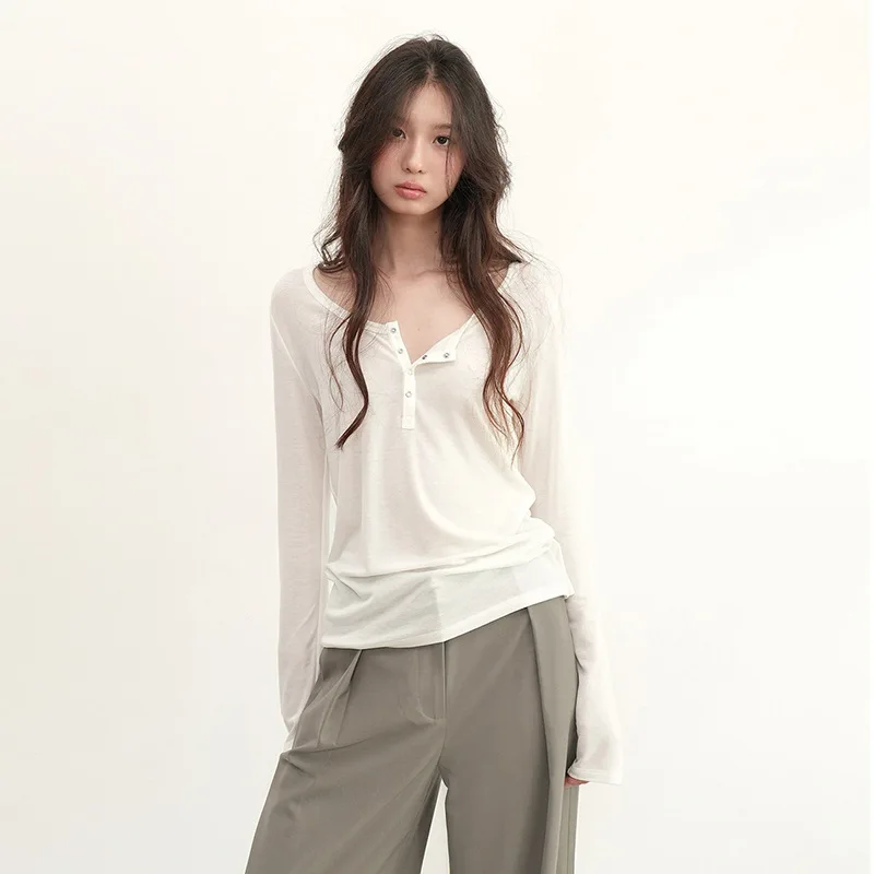 White Long Sleeve Women's Cotton T-shirt Early Autumn Design Shoulder Level Top Slim Fit Inner Wear Base Shirt