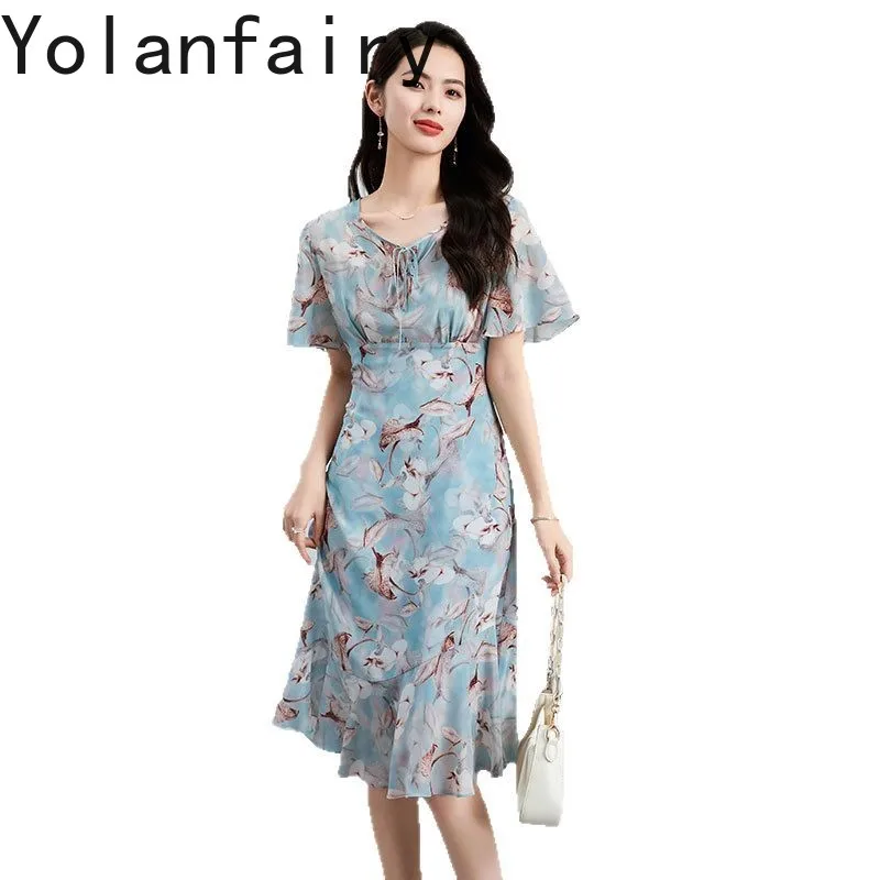 

YOLANFAIRY Natural 100% Mulberry Silk Summer Dresses Woman New 2025 Korean Style Cinched Waist Elegant Floral Blue Dress 원피스 여름