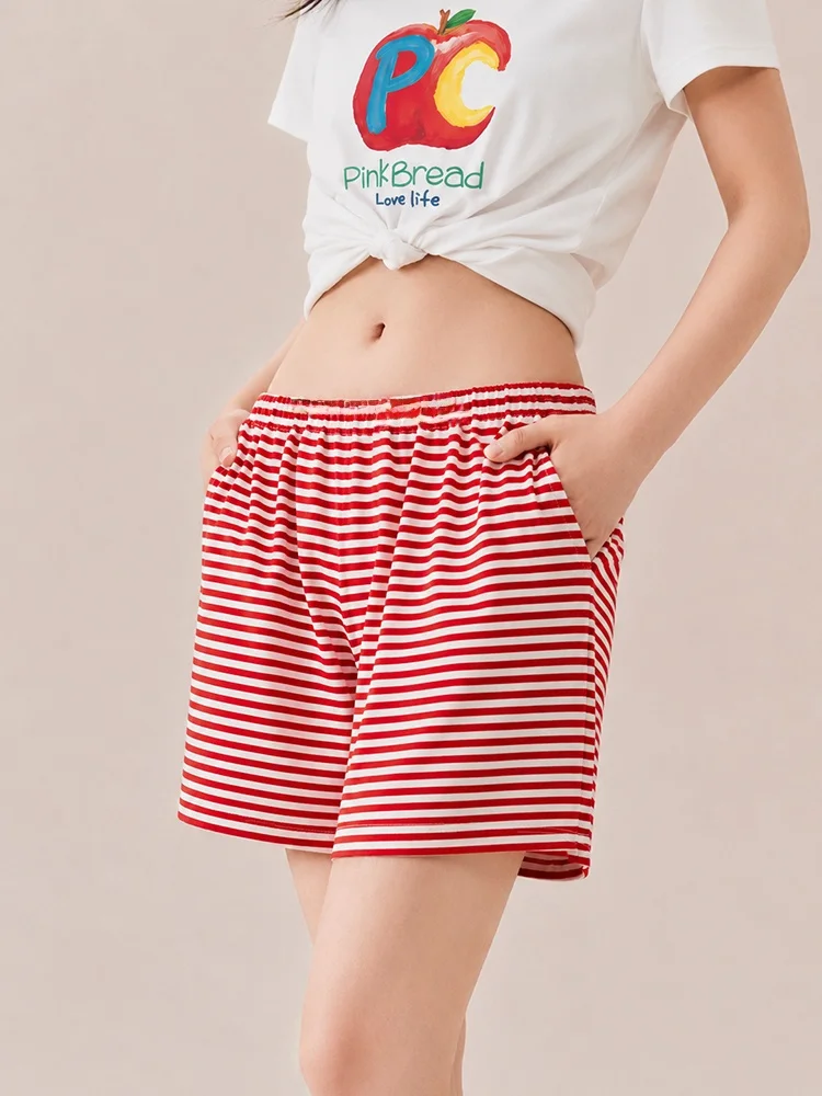 PinkBread Cool Feeling Cotton Pajamas Women's round Neck Short Sleeve Striped Summer Home Clothes Can Be Worn outside Pants