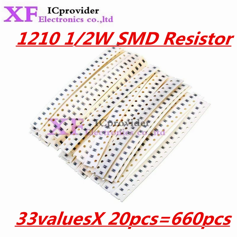 

Набор резисторов SMD 1210 1/2 Вт, 1 Ом-1 М Ом, 5% 33 значенияX 20 шт. = 660 шт. DIY